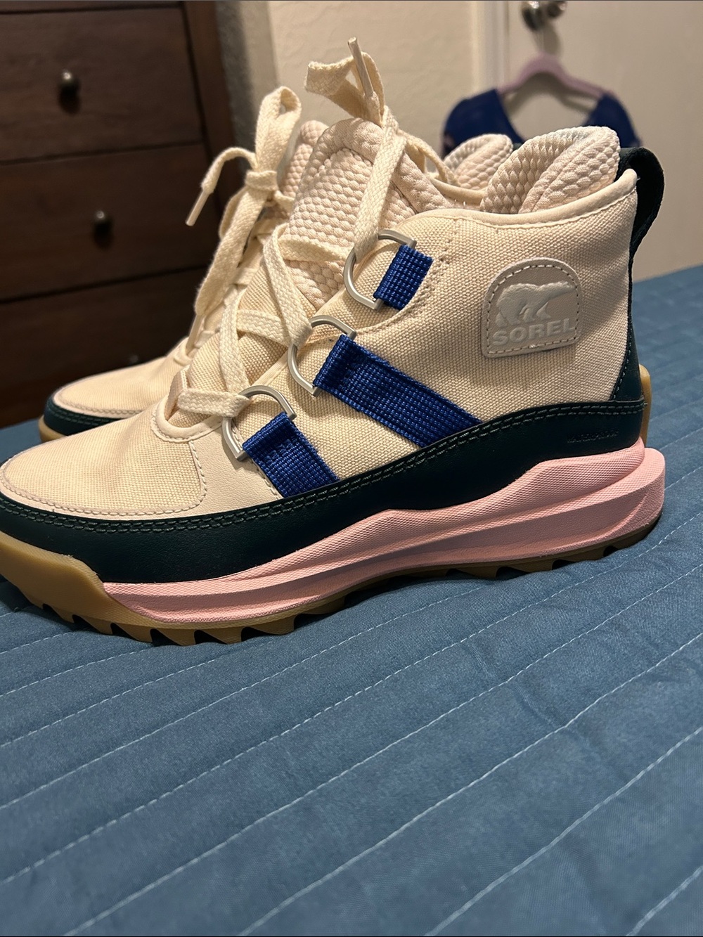 Sorel Cream Canvas Ankle Boot with Navy and Pink Accents